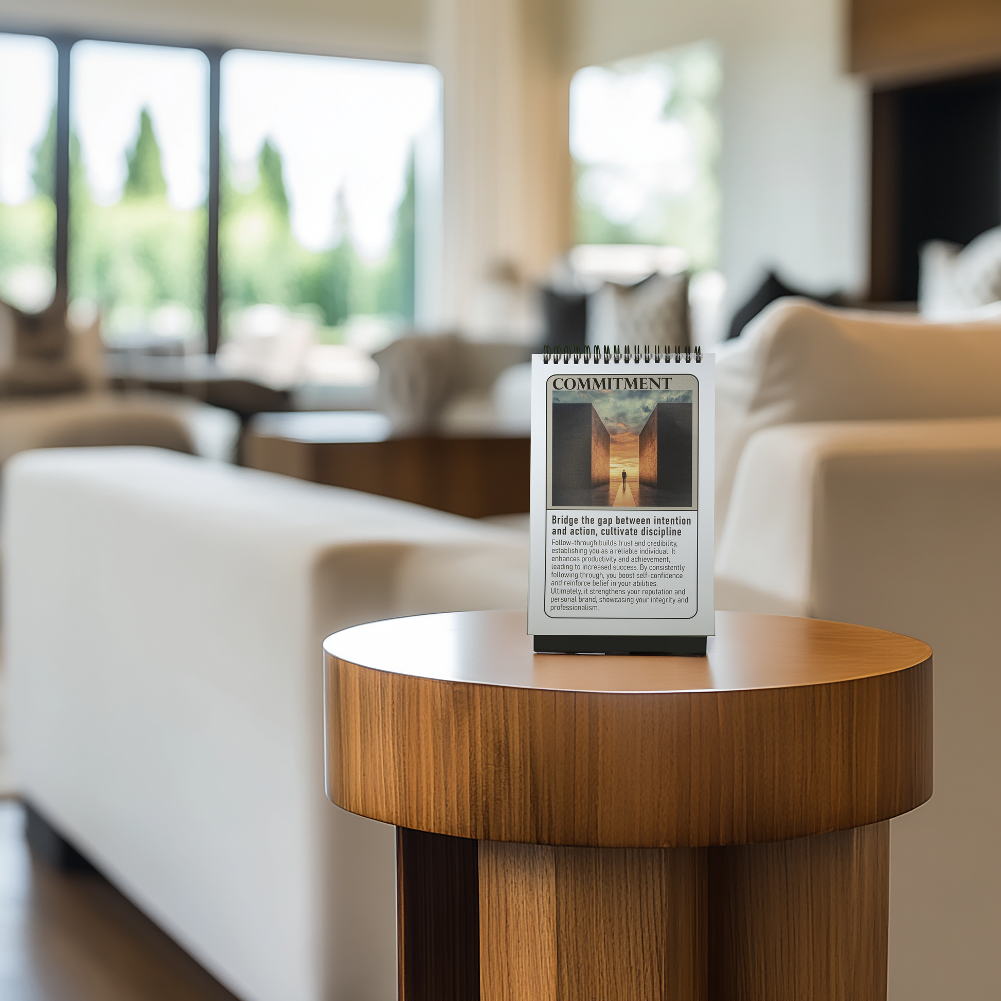 In a modern living room setting, the STRIVE flip book rests open on a round wooden table. The page displayed features the theme "Commitment" with a motivational message and artwork.