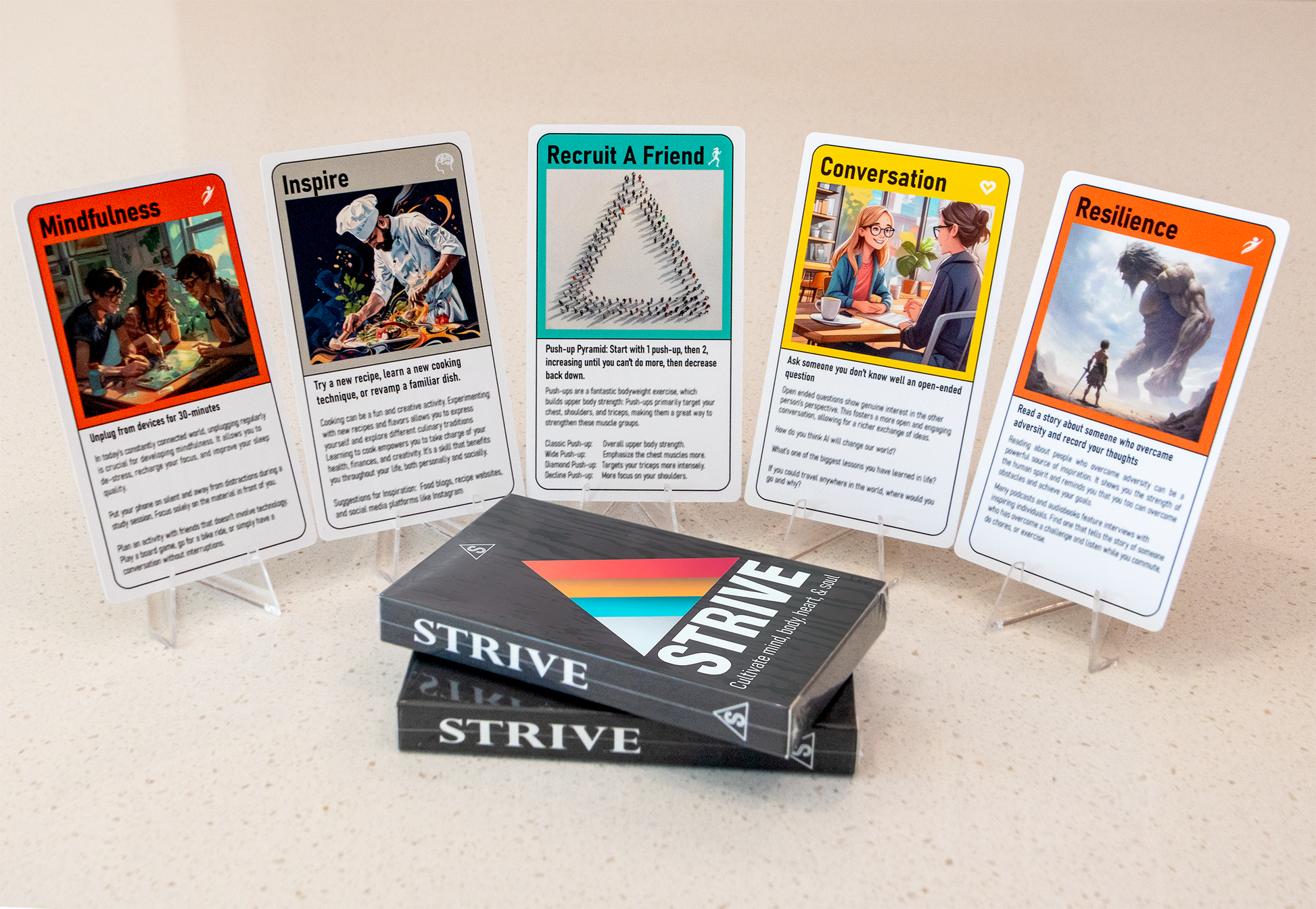 This image displays five cards from the activity cards for personal growth, each featuring unique artwork and titles like "Recruit a Friend," "Conversation," and "Inspire." The cards are held upright on stands, and two packaged STRIVE decks are stacked in the foreground.