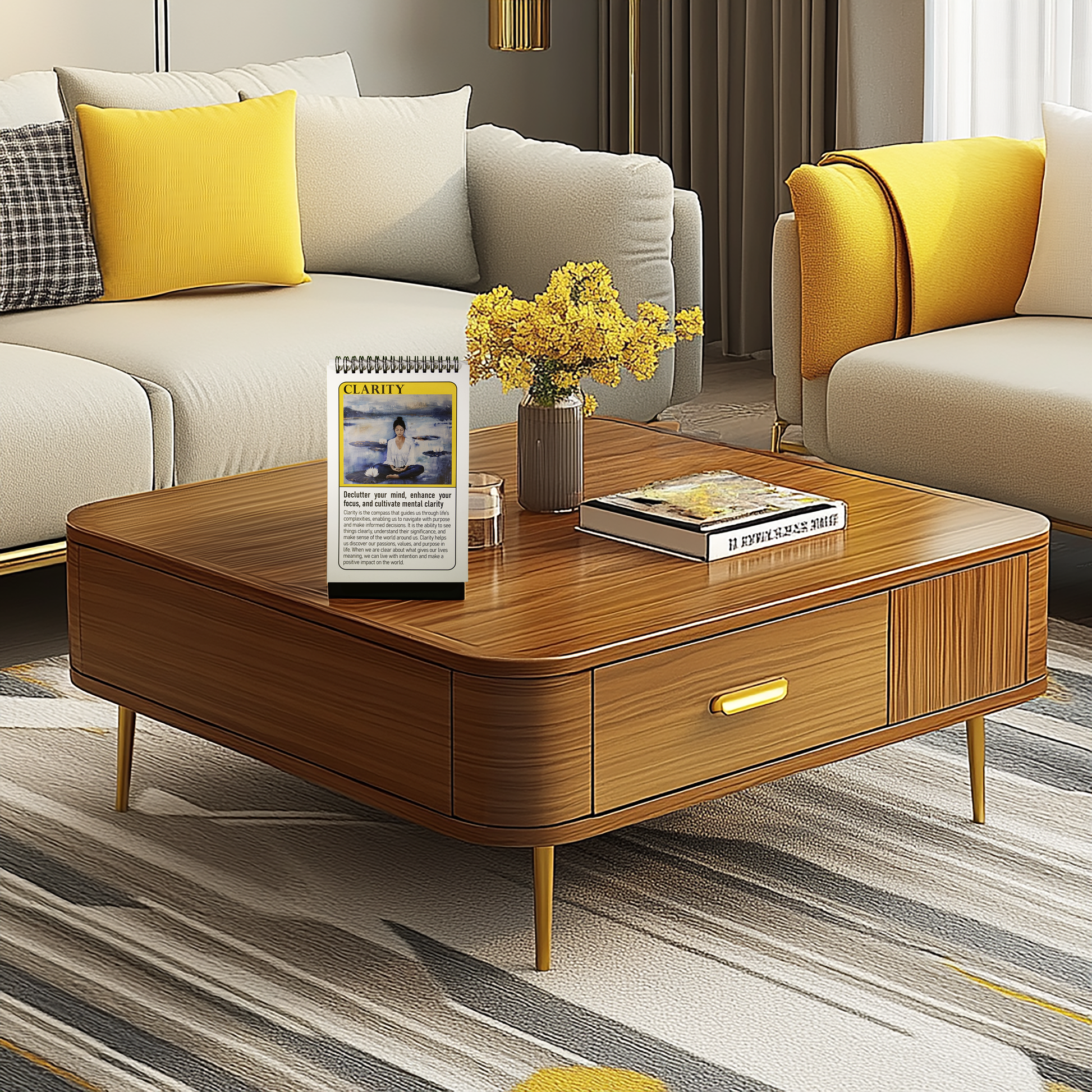 In a modern living room, the STRIVE flip book is open on a wooden coffee table, showcasing the "Clarity" theme with a serene illustration and motivational quote.  The table also holds a vase of flowers and a book.